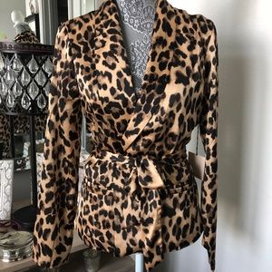 NWT Super Down satin Leopard print belted wrap jacket Sz M (slight flaw)